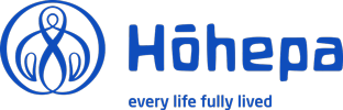 The Hōhepa logo, done in blue. It depicts a stylized human done in flowing lines. To the right of the logo is the word Hōhepa and beneath that is the slogan: "Every life fully lived"