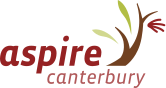 The Aspire Canterbury logo. It is a stylized tree branch that sweeps upward. it has two green leaves and one red leaf. Beneath and to the left are the words "Aspire Canterbury" written in red