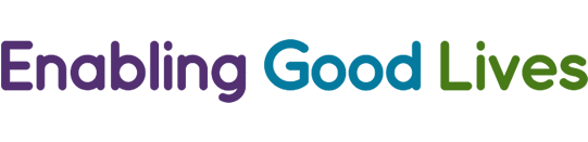 The logo. It is the phrase "Enabling Good Lives" written in a rounded font. The words are different colours. "Enabling" is purple, "Good" is blue and "Lives" is purple