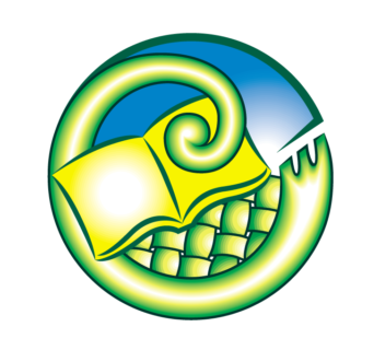 The Literacy Aotearoa logo. A yellow open book on green woven flax encircled by a green koru and a blue sky