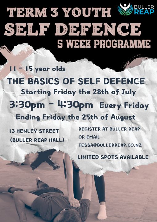 Advertisement of self-defense course for youth, held by Buller REAP