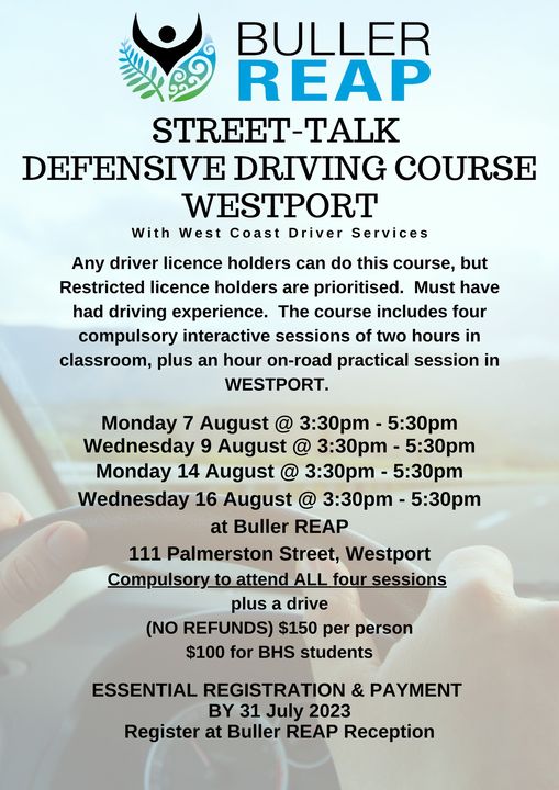 Advertisement for a Defensive Driving Course provided by Buller REAP