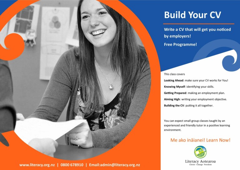Promotional material for Literacy Aotearoa's "Build Your CV" program. It has information on course content on the right, contact information along the bottom. Two-thirds of the space has a grayscale photo of a women sat opposite to someone holding a sheet of paper