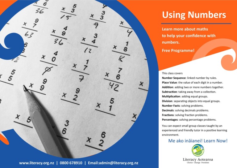 Promotional material for Literacy Aotearoa's "Using Numbers" programme. It has information on course content on the right, contact information along the bottom. Two-thirds of the space has a grayscale photo of a pencil and basic multiplication worksheet
