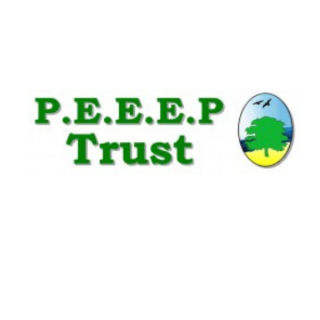 The P.E.E.E.P Trust logo. The title "P.E.E.E.P Trust" is written in green letters on a white background. To the right of it is an oval. Inside the oval is a green tree on bright yellow earth. Behind the tree is a dark blue horizon and light blue sky. Above the tree fly two black birds