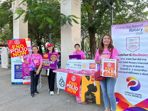 Members of the Rotary Club of Chiang Mai Nawrat, Thailand, celebrate World Polio Day 2023 with a campaign to raise awareness in the community. Chiang Mai, Thailand. 24 October 2023.