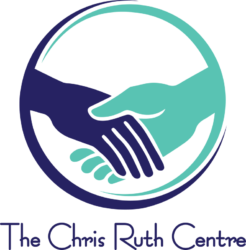 The Chris Ruth Centre logo. It is two thin crescents overlapping to form a circle. One is light blue the other is dark blue. In the middle of the circle extending from the crescents, a light blue hand and a dark blue hand shake hands. Beneath that is the name "The Chris Ruth Centre" in dark blue.