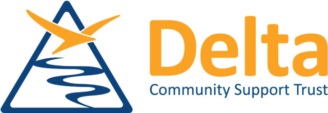 The Delta Community Trust logo. It is a blue triangle like the capital of the greek letter delta. Inside there is a blue waving line. Above that is an orange bird. It's wings extend past the bounds of the triangle. To the right of the logo is the word "Delta" in large orange lettering. Below it in small, light blue lettering is "Community Support Trust"