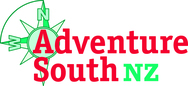 The Adventure South NZ logo. "Adventure South" is written in red "NZ" is written in green. Behind the "A" in adventure, there is a green compass displaying "N" and "W" and using the "S" in "Adventure South" as the part of the compass