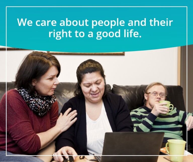 Promotional material for Accessible Properties. It is a photo of three people on a couch. The blue header aboves says "We care about people and their right to a good life"