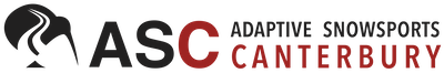 The Adaptive Snowboarding Canterbury logo. It is a stylised kiwi silhouette with a white road inside it. Beside this it says "ASC Adaptive Snowsports Canterbury"