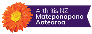 The Arthritis New Zealand logo. It is a flower with orange petals and a yellow centre. Beside it on a blue background reads: "Arthritis NZ Mateponapona Aotearoa"