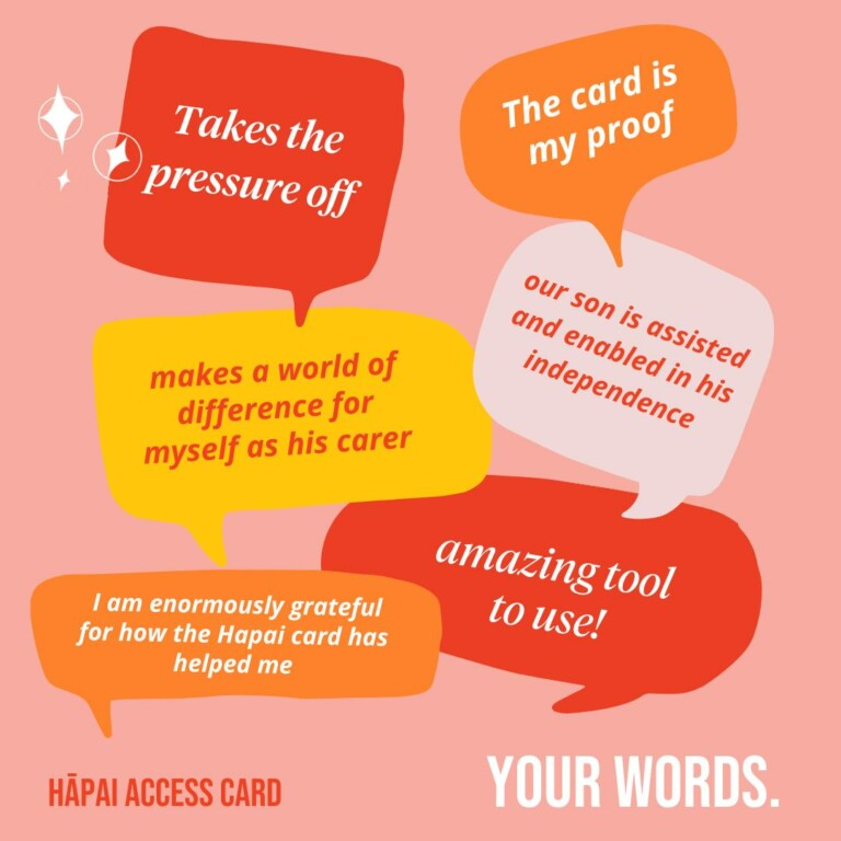 Promotional material for the Hapai Access Card. It is a poster entitled "Your Words". It contains several positive reviews for the hapai card.