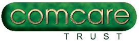 The Comcare trust logo. It is a rounded green rectangle resembling greenstone. within this rectangle written in metallic gold lettering is "Comcare". Beneath the rectangle to the right is the word "Trust"