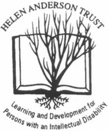 The Helen Anderson Trust logo. It is a drawing of an open book with a tree superimposed on it. Along the top it reads "Helen Anderson Trust" along the bottom it reads "Learning and development for persons with an intellectual disability"