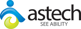 The Astech Ability logo. It is comprised of a blue circle and line that resemble a person and their arms reaching forward. Beneath that is a lime curl. To the right it reads "Astech" "See ability"