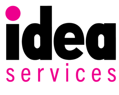 The Idea Services logo. It reads "Ideas Services" "Ideas" is black and "services" is in pink. The dot above the "i" in ideas is also pink